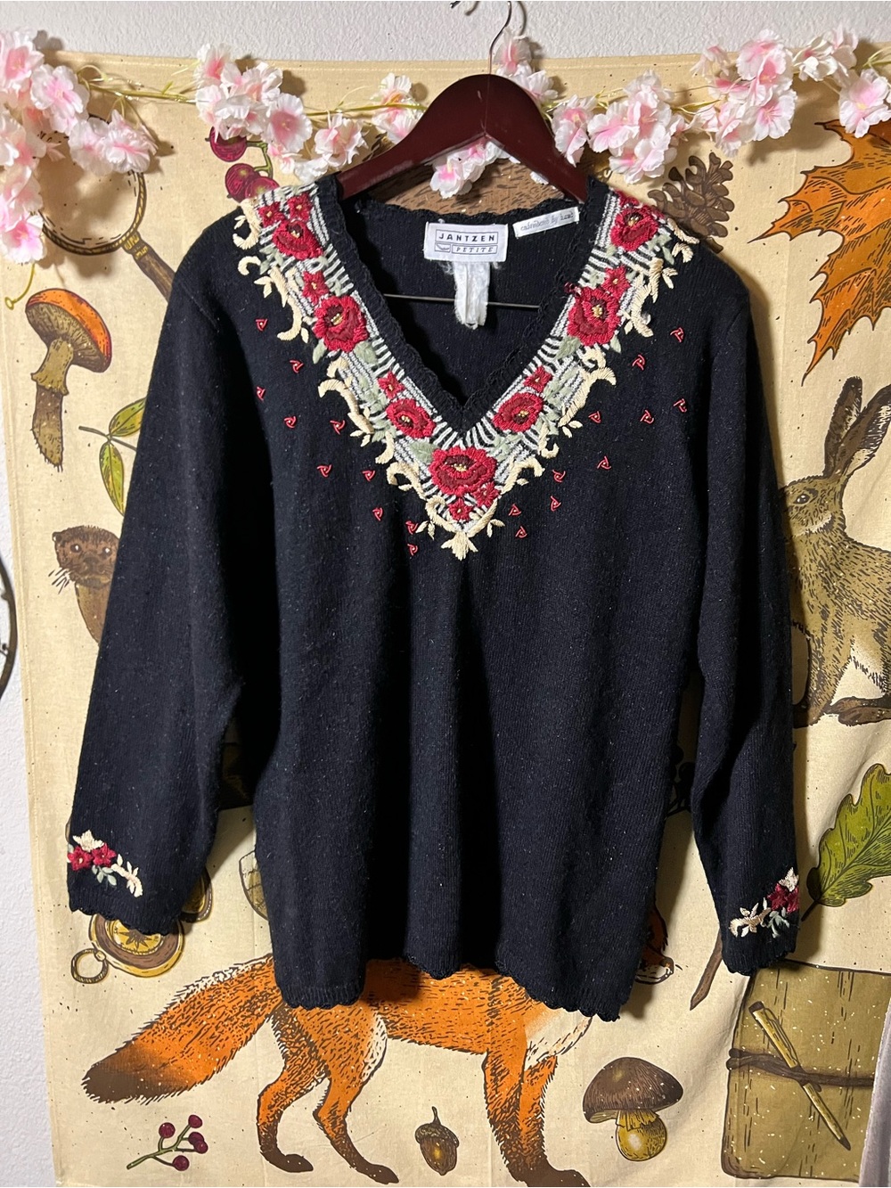 Jantzen Black V-Neck Sweater with Red and Cream Floral Embroidery